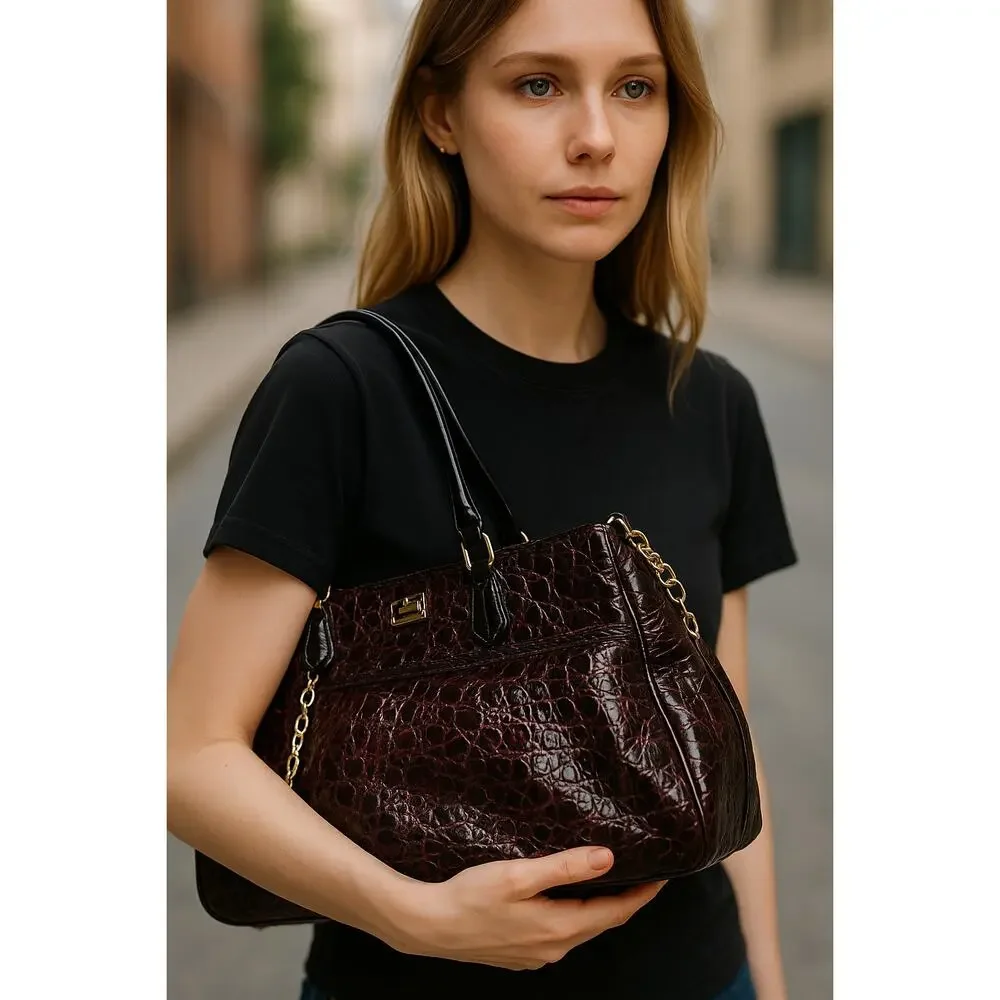 Feimina Leather Handbag Shoulder Strap Crocodile Red With Black and Gold